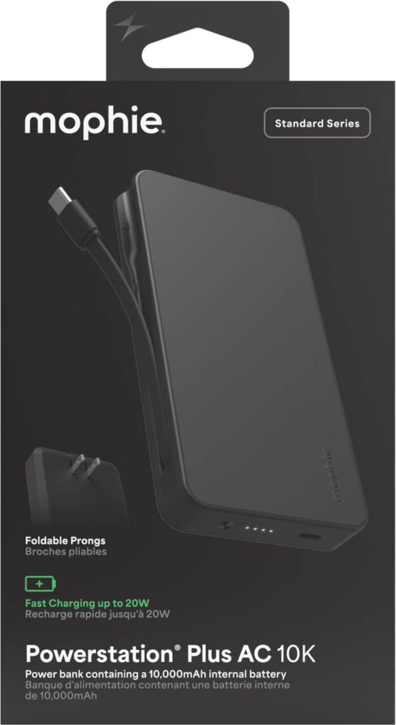 Mophie 10,000 mAh Powerstation Plus w/USB-C Cable + AC Plug - Black