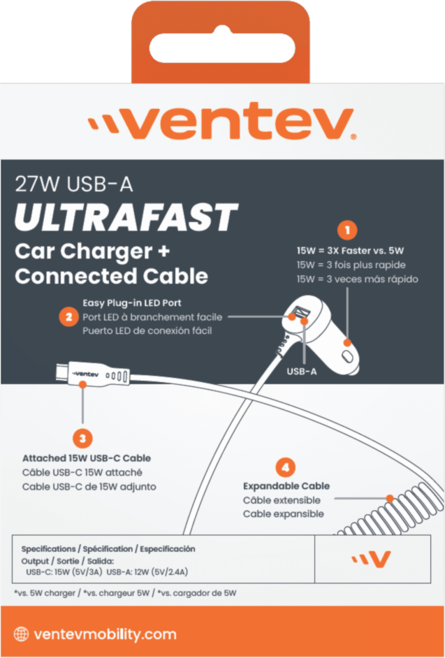 Ventev - Chargeur de voiture USB-A 12 W avec câble USB-C 15 W intégré - Gris foncé