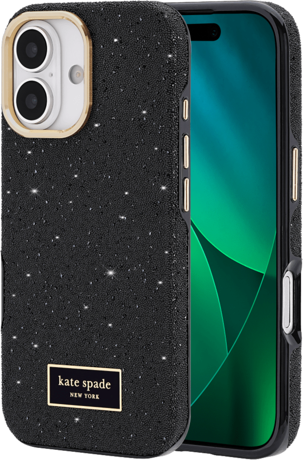 The kate spade new york Crystal Pavé Case is a stylish phone case featuring a black crystal pavé inlay with gold hardware, provides 12-foot drop protection and offers MagSafe compatibility.