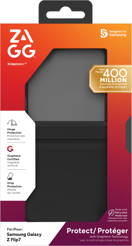 <p>Designed for foldable phones, ZAGG's Bridgetown+ case offers lightweight drop protection strengthened with Graphene, complete with a built-in hinge cover for enhanced protection.</p>