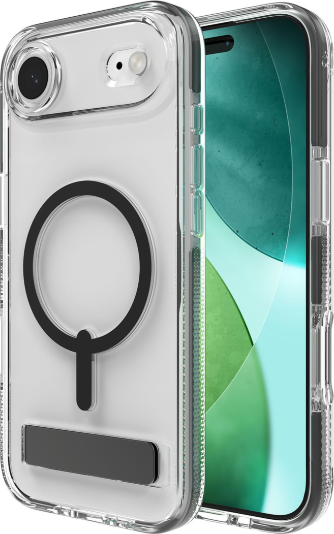 The ZAGG Santa Cruz Snap is a transparent case with pops of color that accent its design. It offers 13-foot drop protection, a sturdy kickstand that folds flush with the case, and is MagSafe compatible.