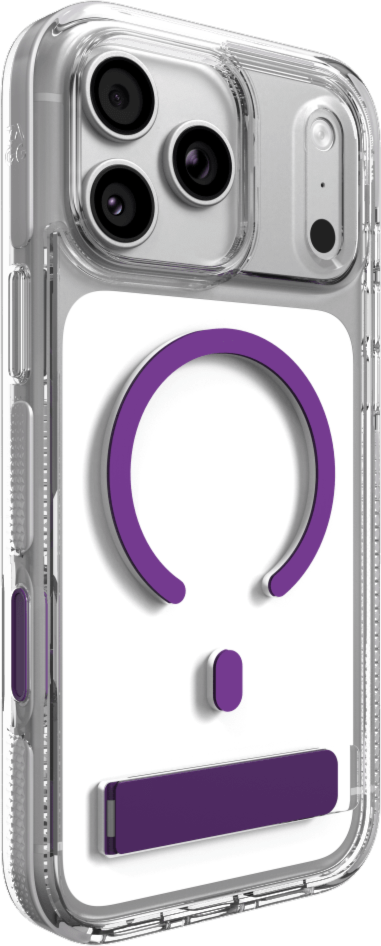The ZAGG Santa Cruz Snap is a transparent case with pops of color that accent its design. It offers 13-foot drop protection, a sturdy kickstand that folds flush with the case, and is MagSafe compatible.