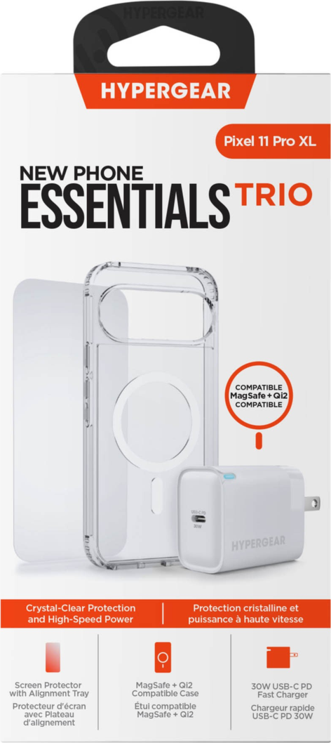 The HyperGear Accessory Bundle provides all the essentials to get started with a new phone: a clear magnetic case, a screen protector, and a fast-charging 30W power adapter.