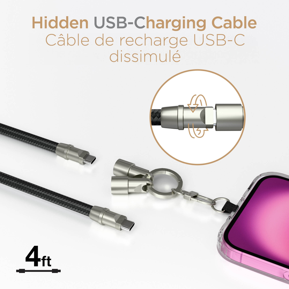 HyperGear TECHcessories - Courroie universelle à porter en bandoulière pour téléphone et câble de recharge USB-C - Noir