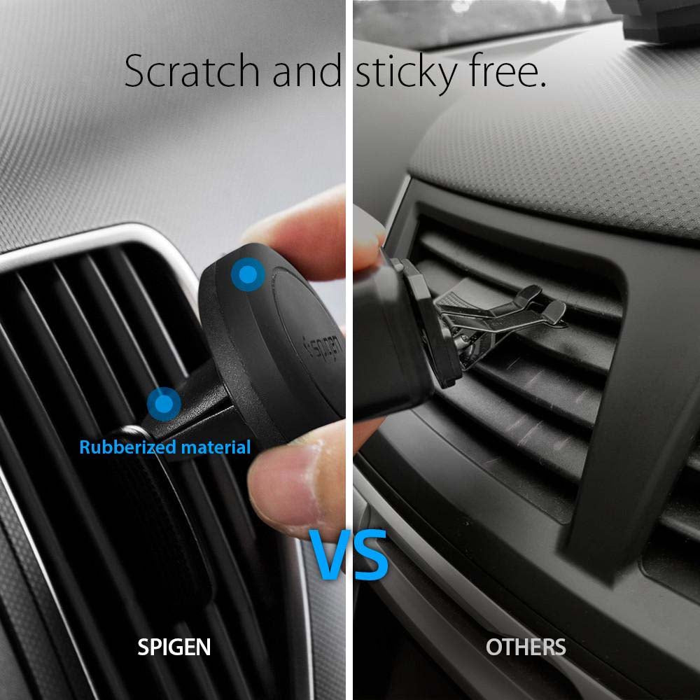 Spigen's Magnetic Car Mount securely holds your mobile device with no adhesive residue. Easily install/remove the mount and take it anywhere with kickstand ability on flat surfaces.