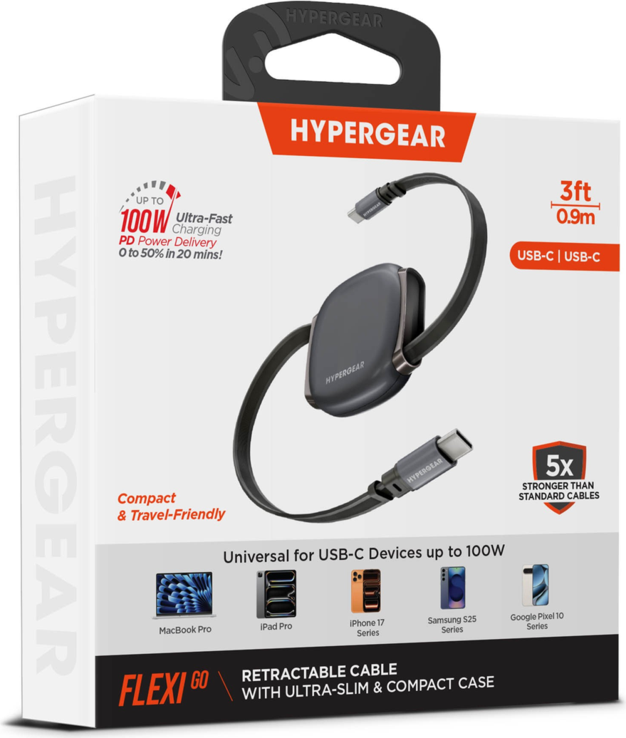 HyperGear FlexiGo 100W USB-C to USB-C Retractable Cable delivers up to 100W USB-C Power Delivery with a compact, retractable design for organized charging on the go.