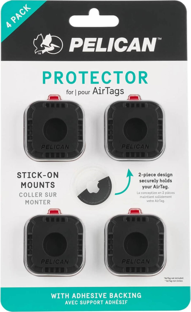 The Pelican Protector Sticker Mount features a durable 2-piece design and supreme adhesive to securely attach an AirTag to hard surfaces like bikes, luggage and more.