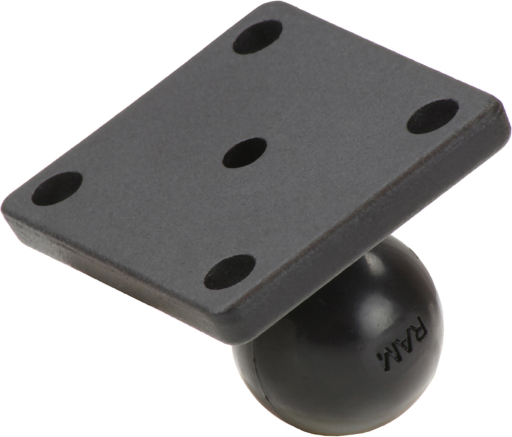 The RAM-B-347U base consists of a B size 1" diameter rubber ball connected to a 2" x 1.7" square base. The base has four pre-drilled holes at each corner, using the universal AMPS hole pattern.