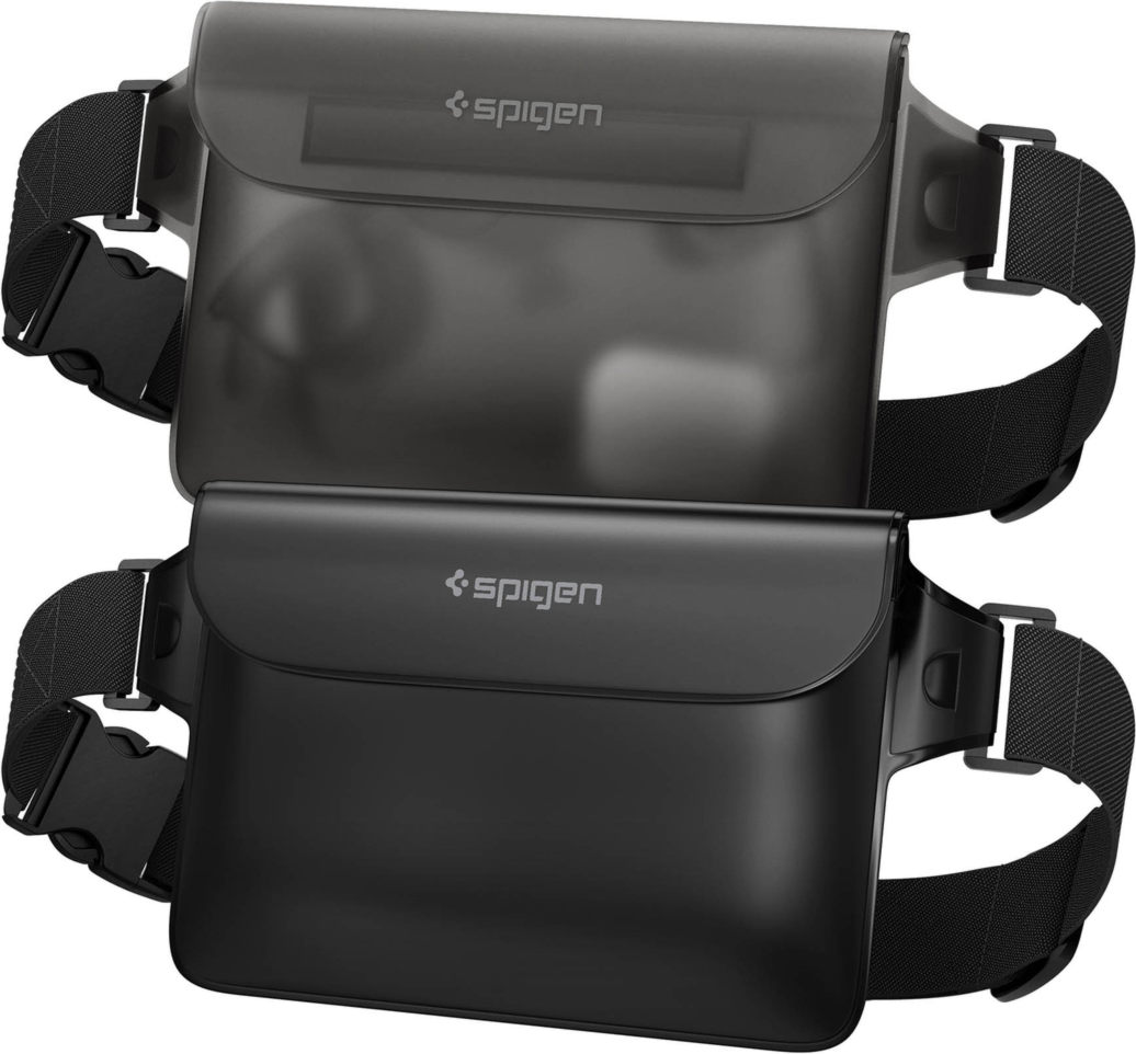 Spigen Universal Waterproof Waist Bag 2-Pack protects phones and essentials from water, sand, and dust with touchscreen access and an adjustable strap.