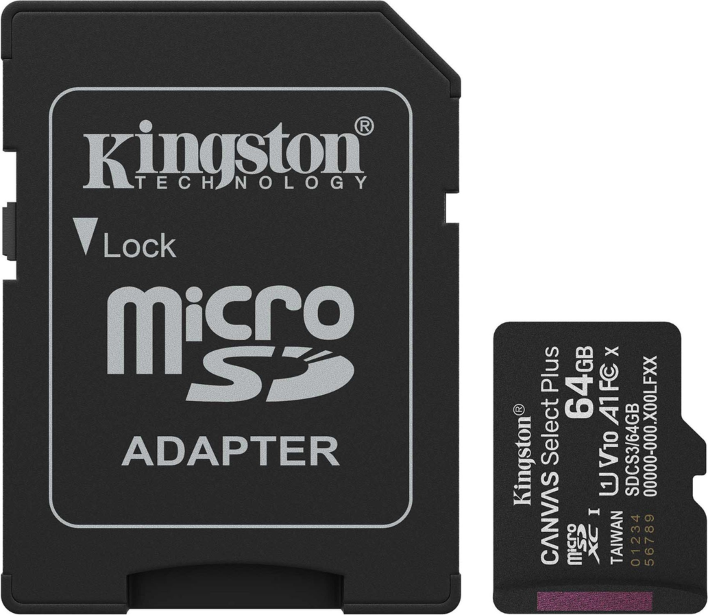 Kingston’s Canvas Select Plus 64GB microSD card offers reliable performance, compatible with Android devices and cameras, with speeds up to 100MB/s1 and A1 app performance.