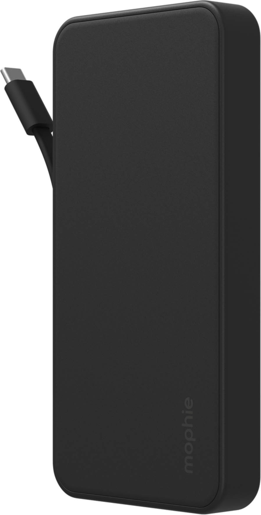 Mophie 10,000 mAh Powerstation Plus delivers up to 20W fast charging with an integrated USB-C cable, dual-device charging, and enough power for up to two full phone charges.