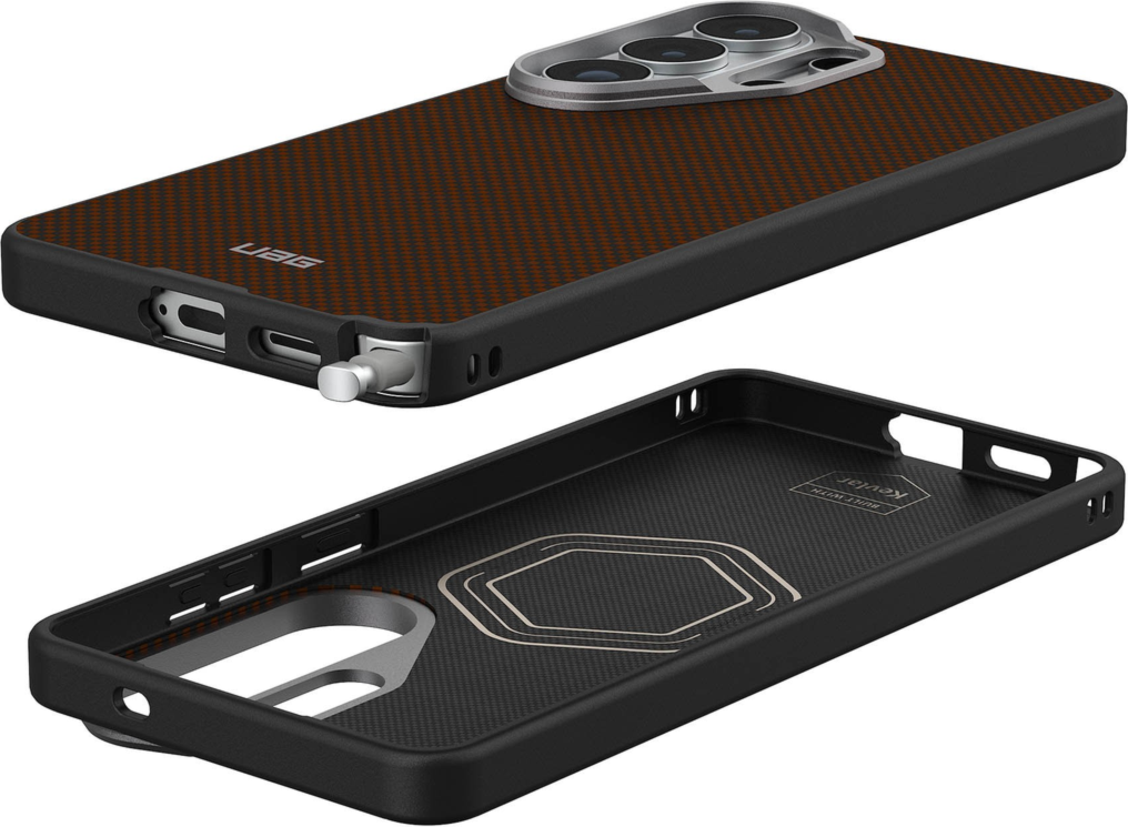 Crafted with premium DuPont™ Kevlar® and striking metallic accents, the UAG Fibr Armr case blends 15ft drop protection with a slim TPU frame and integrated magnets for wireless charging and accessories.