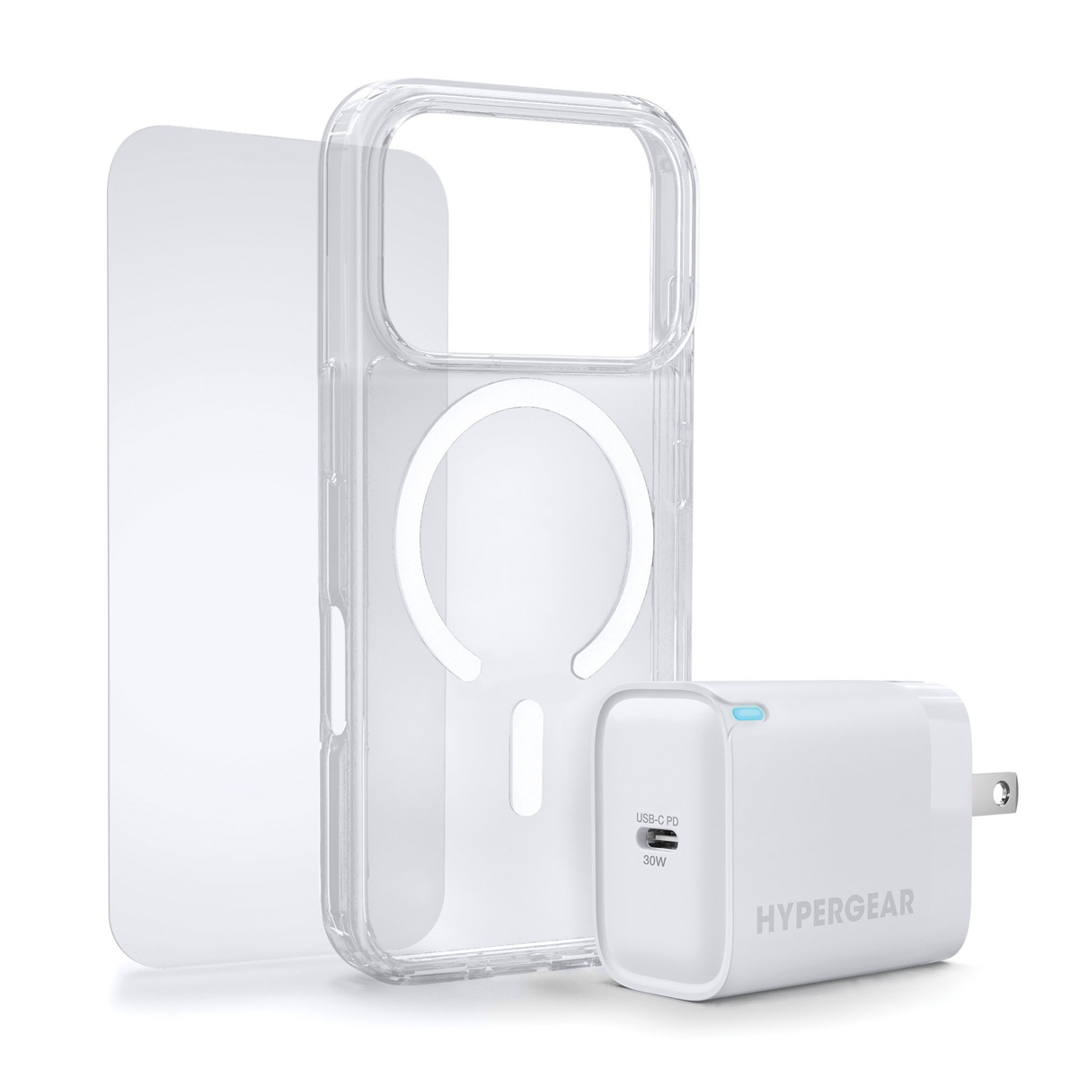 The HyperGear Accessory Bundle provides all the essentials to get started with a new phone: a clear MagSafe case, a screen protector, and a fast-charging 30W power adapter.