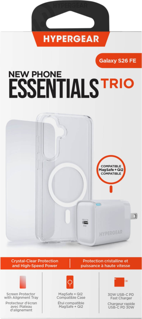 The HyperGear Accessory Bundle provides all the essentials to get started with a new phone: a clear magnetic case, a screen protector, and a fast-charging 30W power adapter.