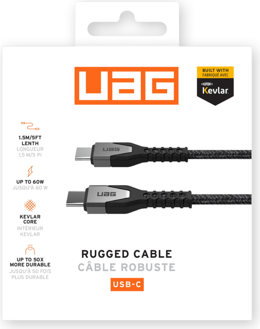 Rugged Kevlar Core USB-C to USB-C Charge/Sync Cable 5ft Black/Grey
