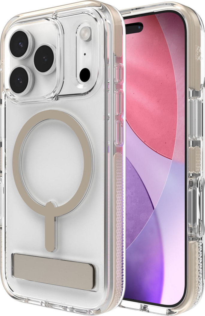 The ZAGG Santa Cruz Snap is a transparent case with pops of color that accent its design. It offers 13-foot drop protection, a sturdy kickstand that folds flush with the case, and is MagSafe compatible.