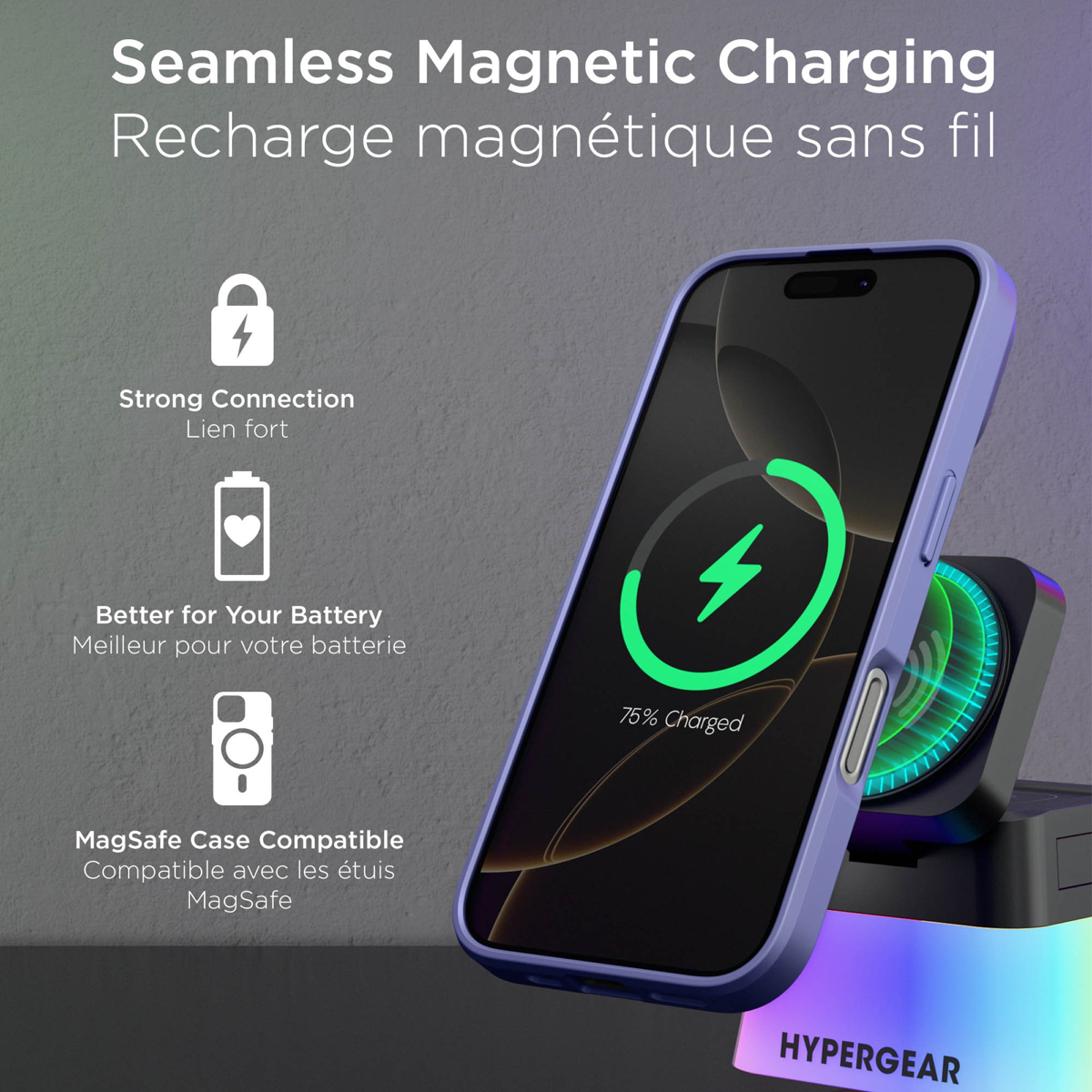 Support de recharge sans fil 3-en-1 HyperGear PowerFold Cube 15 W compatible avec MagSafe + Watch transparent