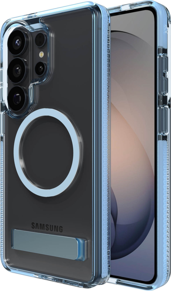 The ZAGG Santa Cruz Snap is a transparent case with pops of color that accent its design. It offers 13-foot drop protection, a sturdy kickstand that folds flush with the case.