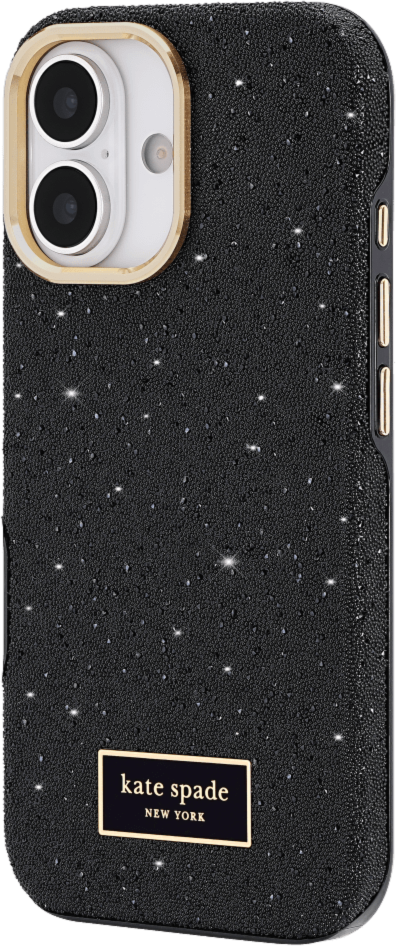 The kate spade new york Crystal Pavé Case is a stylish phone case featuring a black crystal pavé inlay with gold hardware, provides 12-foot drop protection and offers MagSafe compatibility.