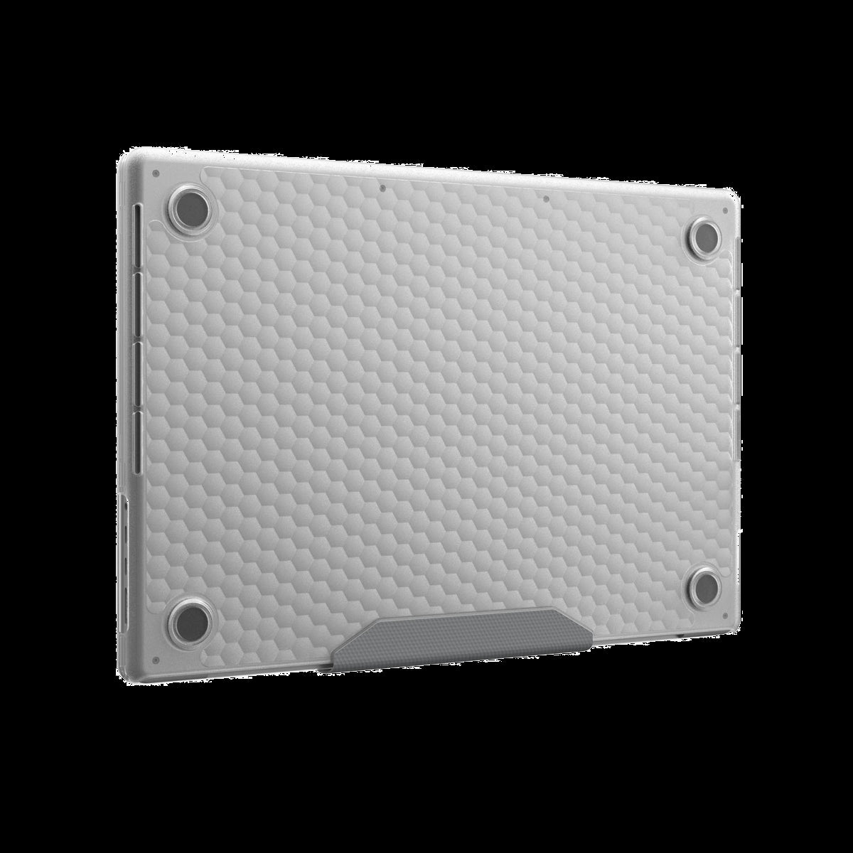 The UAG Essential Armor for Apple MacBooks is a one-piece, featherlight case featuring a translucent design, tactile grip, MIL-STD drop protection, and cooling vents for optimized performance.