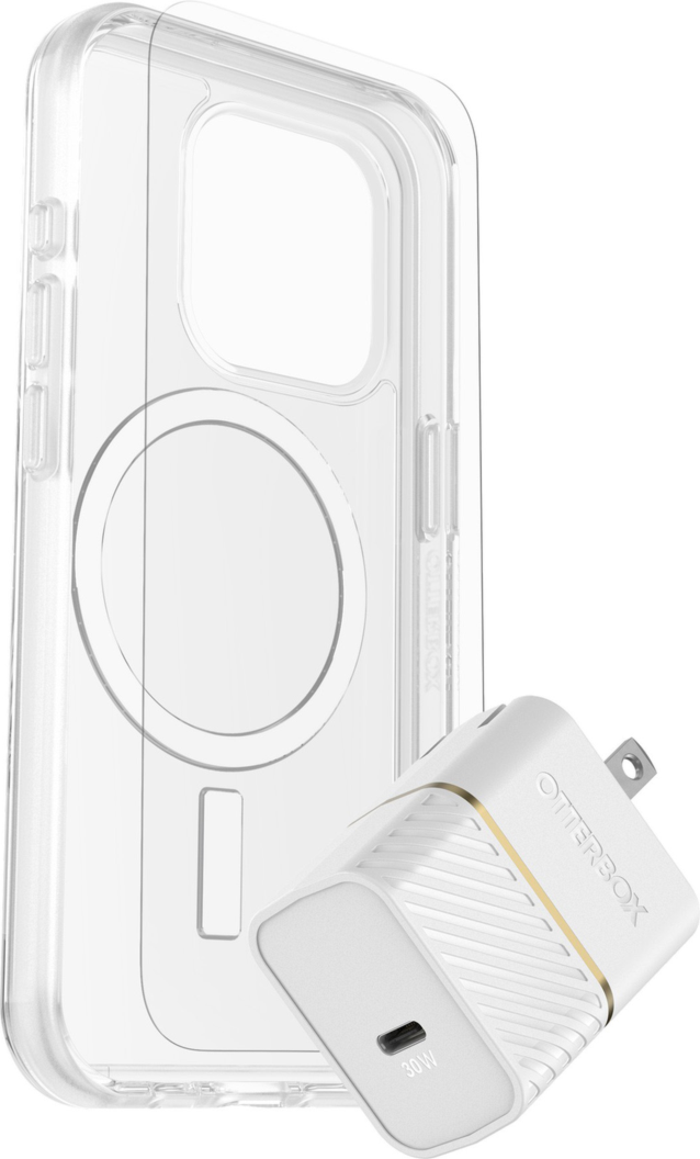 OtterBox’s Protection + Power Kit offers 360° protection and power in one bundle. It includes a Symmetry Series Clear case with MagSafe, a Glass Screen Protector, and a high-performance 30W Wall Charger.