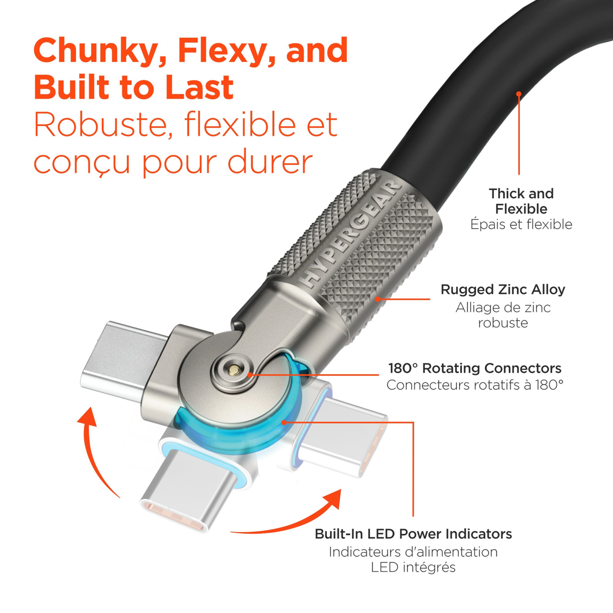 The HyperGear Chunky180° 6ft USB-C to USB-C cable is 20X stronger than standard cables, provides fast charging performance and features dual 180° rotating tips which reduce strain on ports.