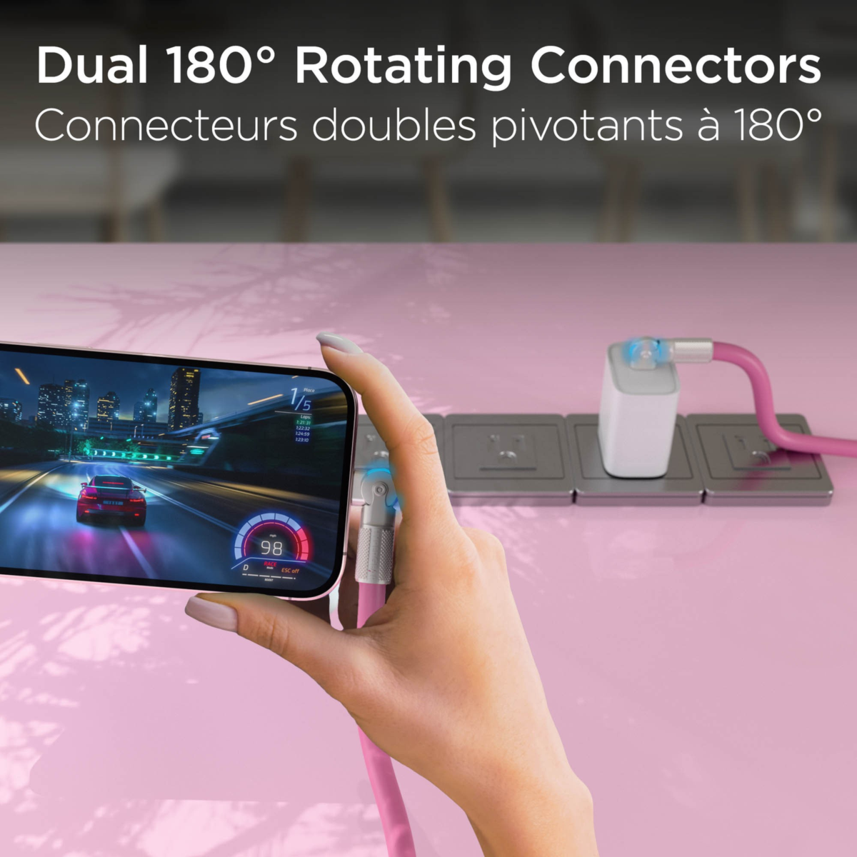 HyperGear 12 ft. 360cm USB-C to USB-C Chunky 180 Rugged Cable w/Rotating Connectors - Pink