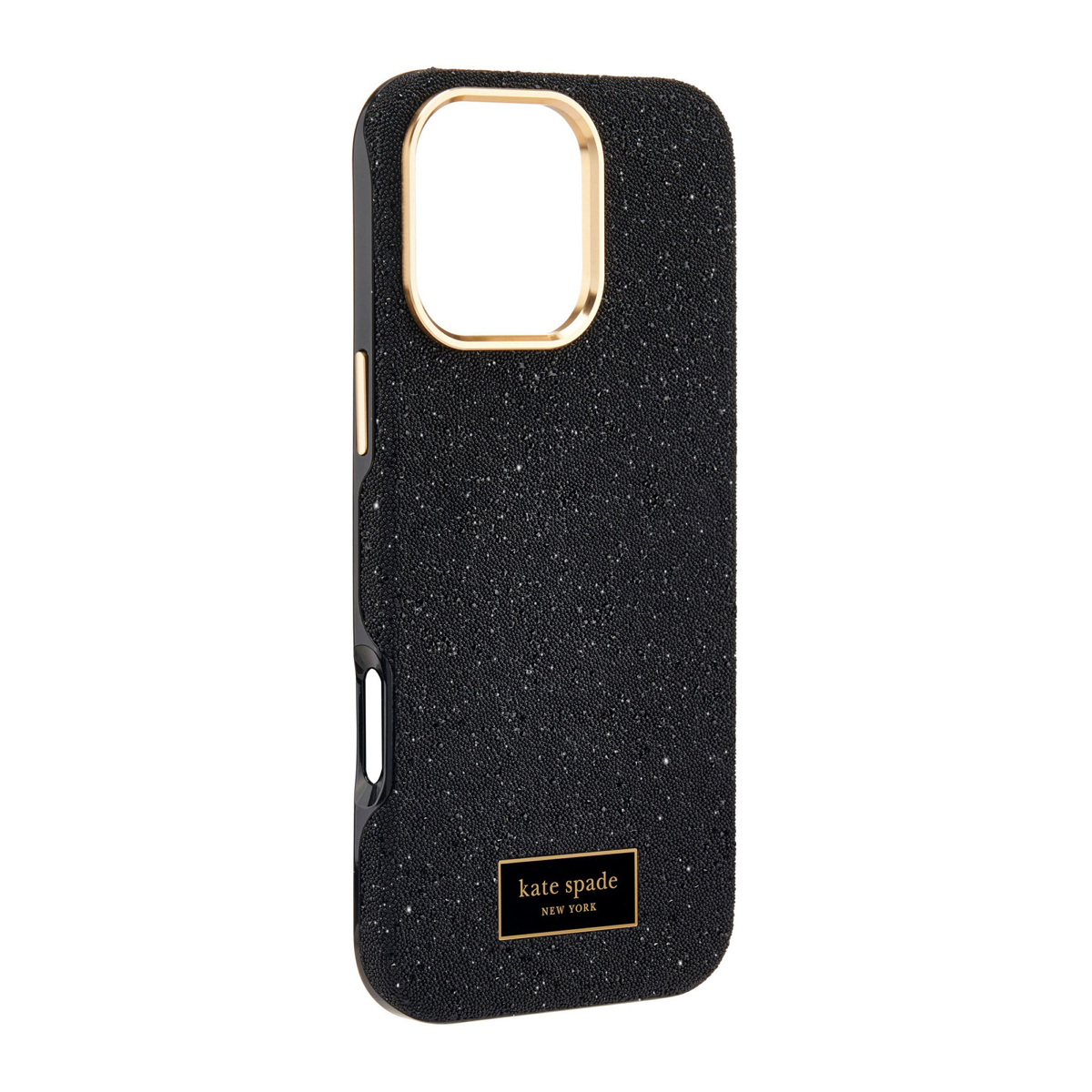The kate spade new york Crystal Pavé Case is a stylish phone case featuring a black crystal pavé inlay with gold hardware, provides 12-foot drop protection and offers MagSafe compatibility.