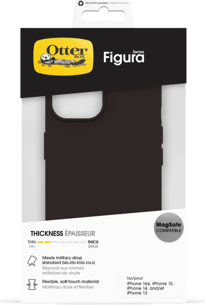 The OtterBox Figura Series blends a velvety-soft feel with ultra-slim protection, military-grade drop defense, MagSafe compatibility, and raised edges to guard the screen and camera.