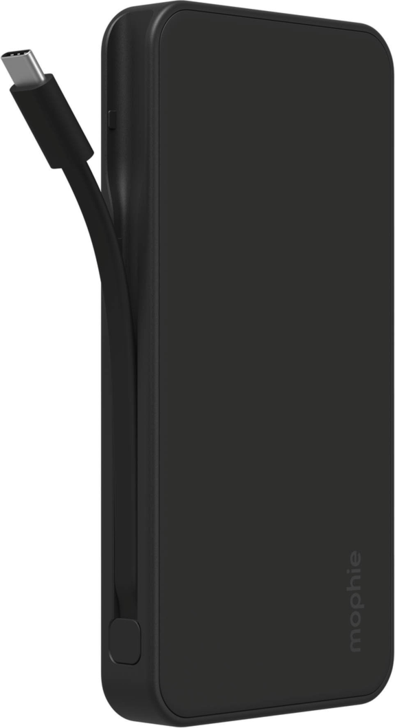 Mophie 10,000 mAh Powerstation Plus delivers up to 20W fast charging with an integrated USB-C cable, dual-device charging, and enough power for up to two full phone charges.