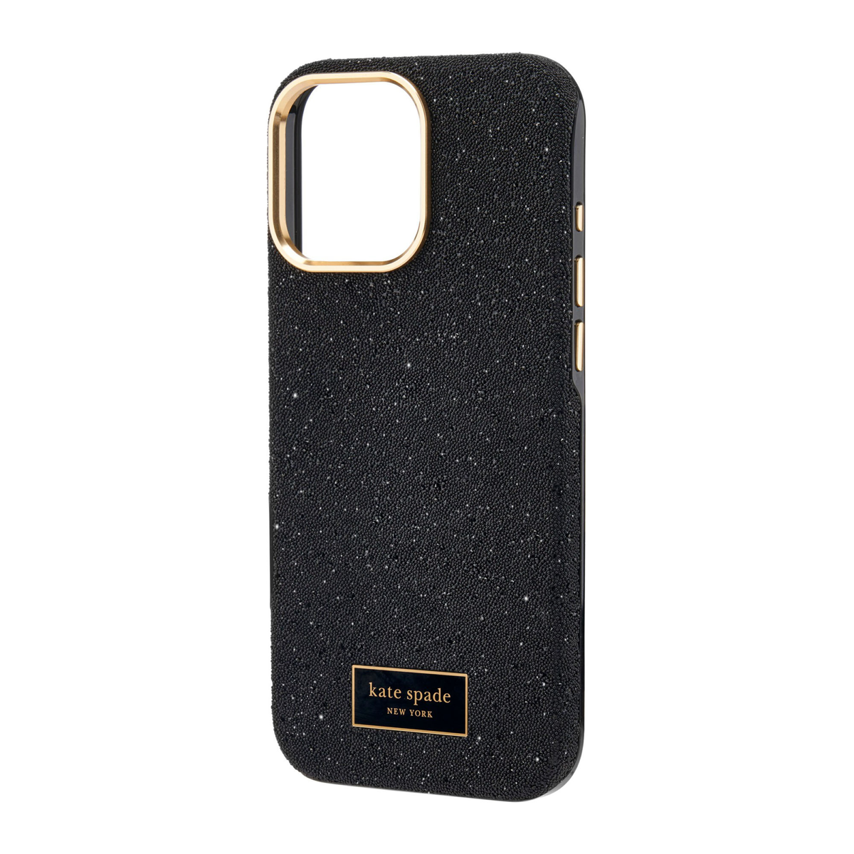 The kate spade new york Crystal Pavé Case is a stylish phone case featuring a black crystal pavé inlay with gold hardware, provides 12-foot drop protection and offers MagSafe compatibility.