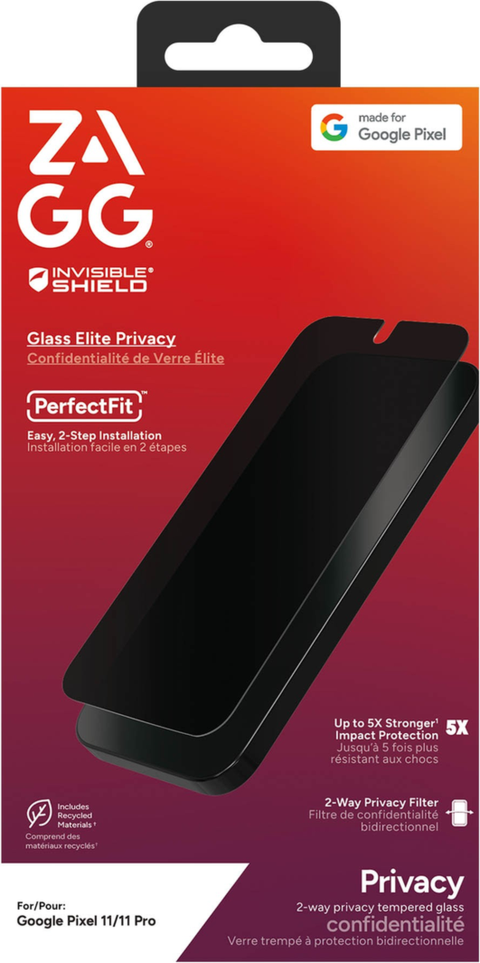 The ZAGG InvisibleShield Glass Elite Privacy Screen Protector has a two-way filter that protects screens from prying eyes, appearing black to anyone viewing the screen from the side.