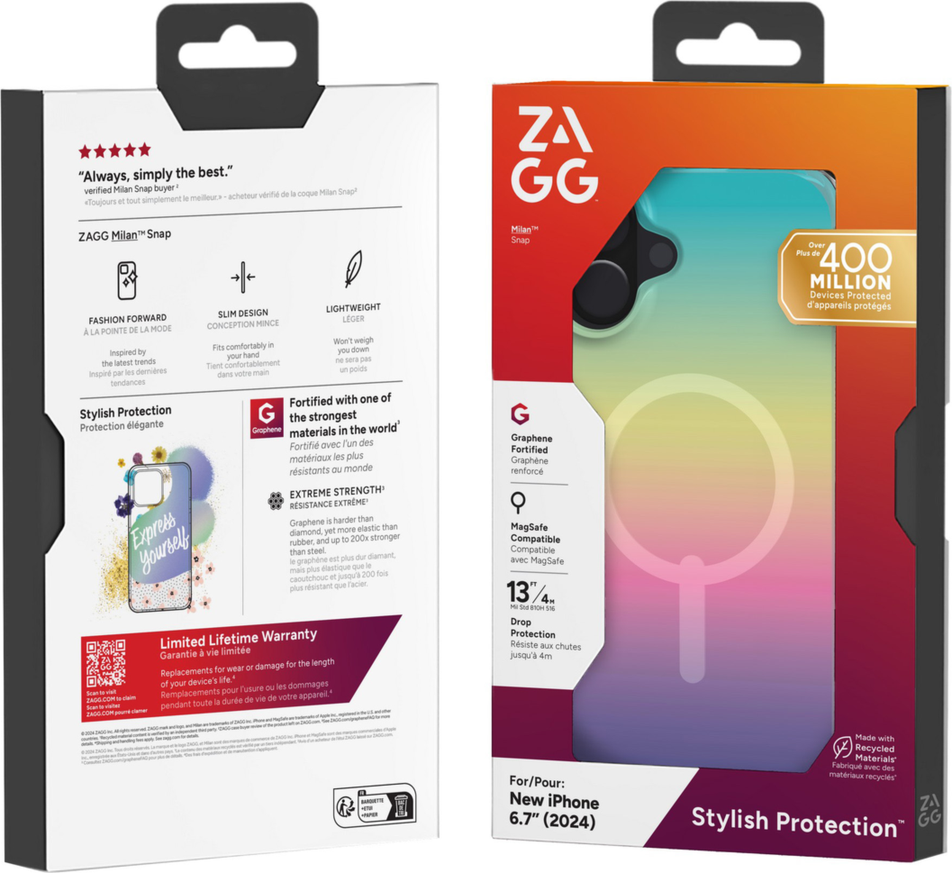 Strengthened with Graphene, ZAGG's Milan Snap series case is a perfect combination of fashion and tech - from the dazzling design to 13 ft drop protection and seamless MagSafe compatibility.