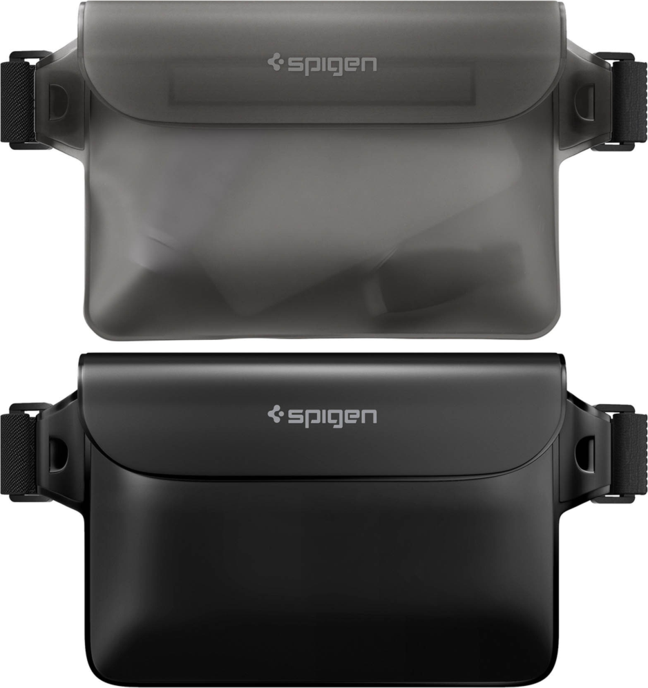 Spigen Universal Waterproof Waist Bag 2-Pack protects phones and essentials from water, sand, and dust with touchscreen access and an adjustable strap.