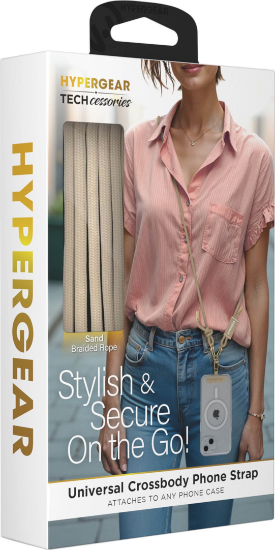 This HyperGear Universal Crossbody Phone Strap blends soft braided rope with polished gold metal accents for a chic, hands-free carry. It offers a secure, undroppable, and adjustable fit for any phone.