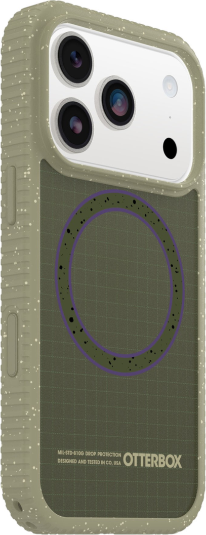 The OtterBox Sole Series features a grippy, high-ridge tread and unique ombré fabric back for secure style. It offers MagSafe compatibility and a removable lanyard loop.