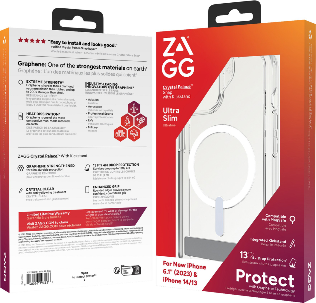 Strengthened with Graphene, ZAGG's Crystal Palace Snap series case with kickstand combines an ultra-slim, crystal-clear profile with up to 13 ft drop protection and seamless MagSafe compatibility.