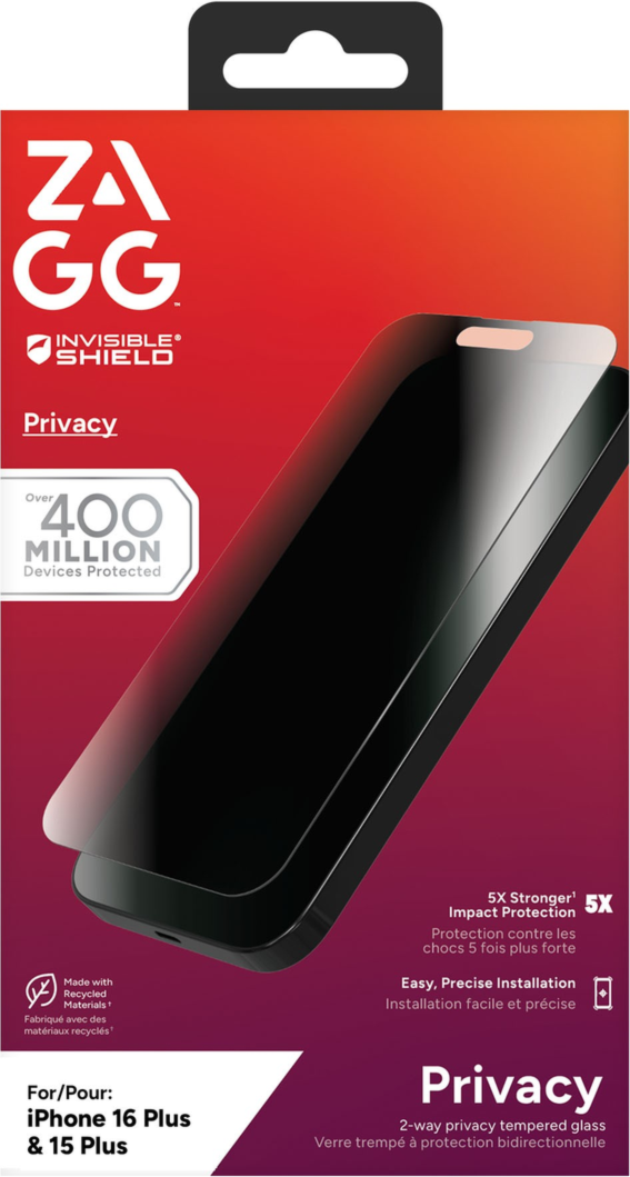 ZAGG InvisibleShield Glass Elite Privacy pour iPhone 16 Plus/15 Plus - Noir