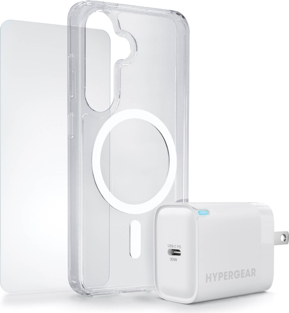 The HyperGear Accessory Bundle provides all the essentials to get started with a new phone: a clear magnetic case, a screen protector, and a fast-charging 30W power adapter.