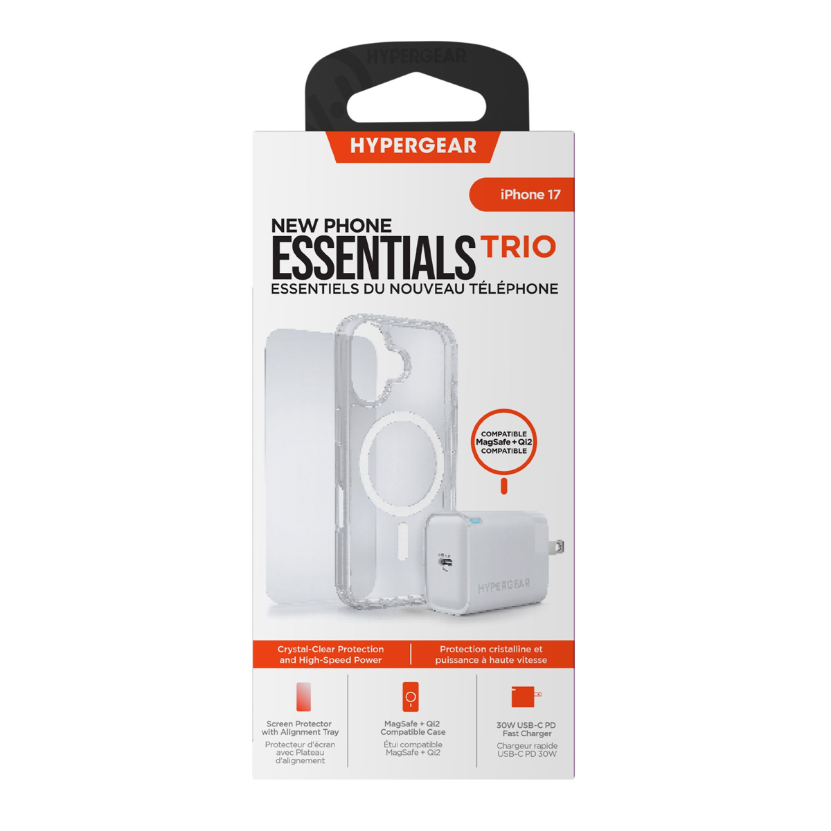 The HyperGear Accessory Bundle provides all the essentials to get started with a new phone: a clear MagSafe case, a screen protector, and a fast-charging 30W power adapter.