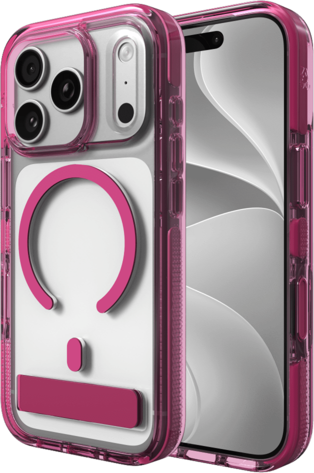The ZAGG Santa Cruz Snap is a transparent case with pops of color that accent its design. It offers 13-foot drop protection, a sturdy kickstand that folds flush with the case, and is MagSafe compatible.