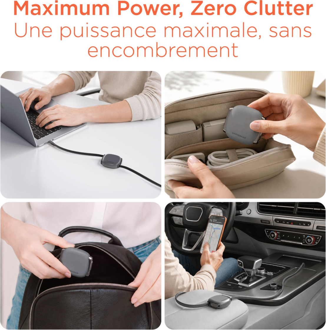 HyperGear FlexiGo 100W USB-C to USB-C Retractable Cable delivers up to 100W USB-C Power Delivery with a compact, retractable design for organized charging on the go.