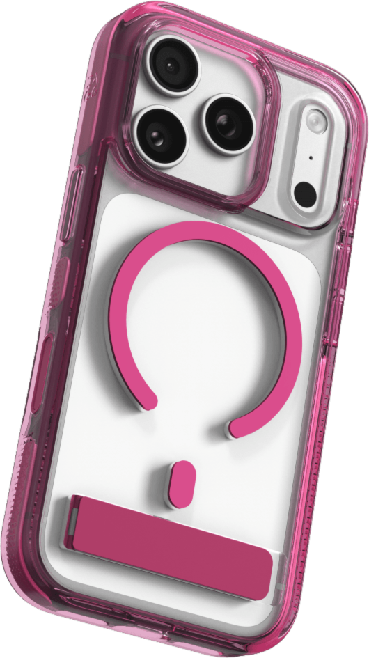 The ZAGG Santa Cruz Snap is a transparent case with pops of color that accent its design. It offers 13-foot drop protection, a sturdy kickstand that folds flush with the case, and is MagSafe compatible.