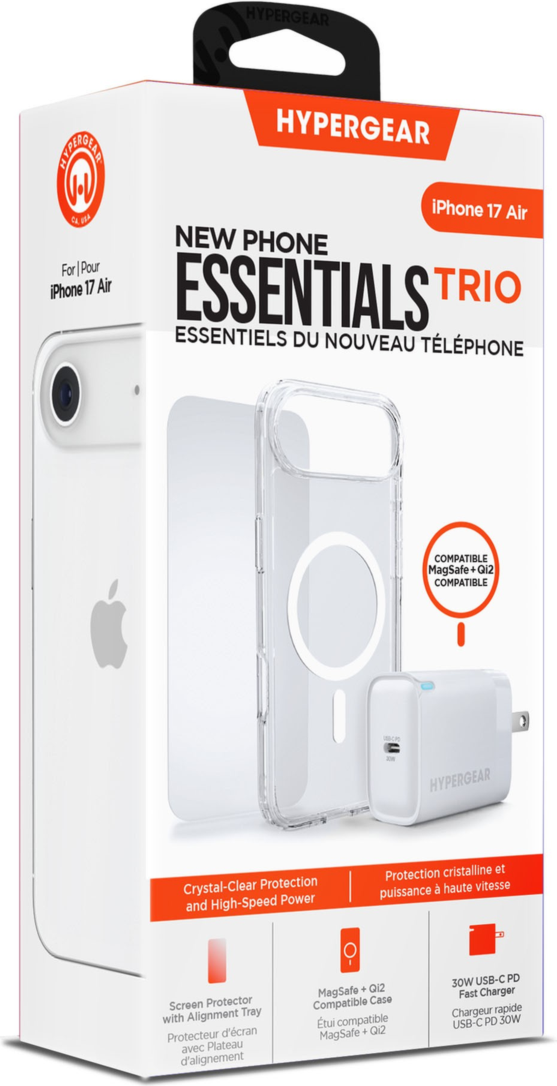 The HyperGear Accessory Bundle provides all the essentials to get started with a new phone: a clear MagSafe case, a screen protector, and a fast-charging 30W power adapter.