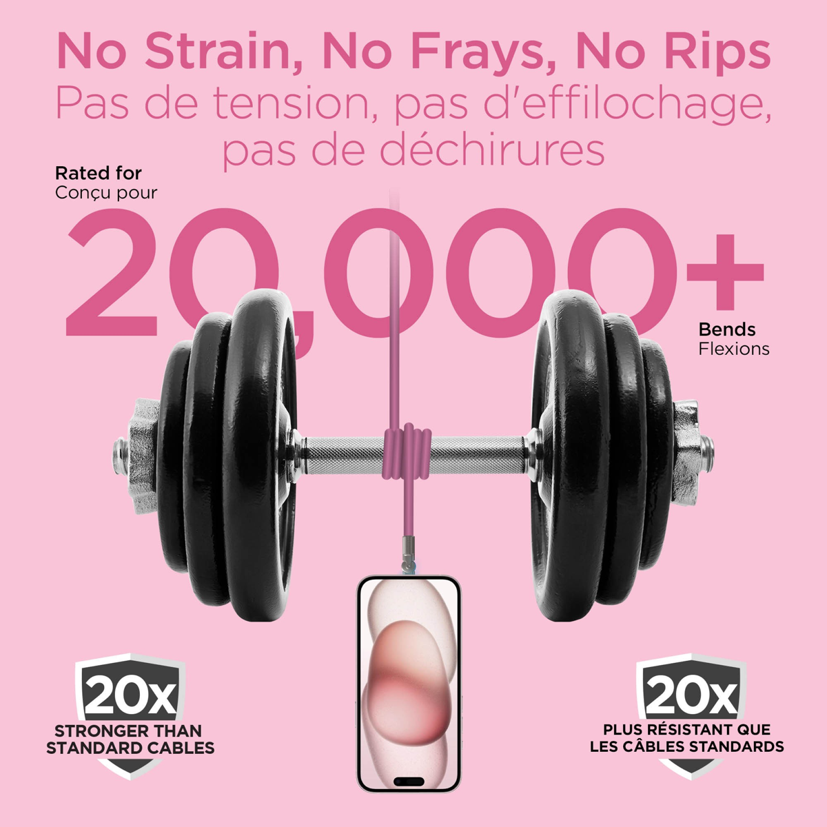 Câble HyperGear USB-C vers USB-C de 360 cm (12 pieds), robuste et épais, avec connecteurs pivotants - Rose