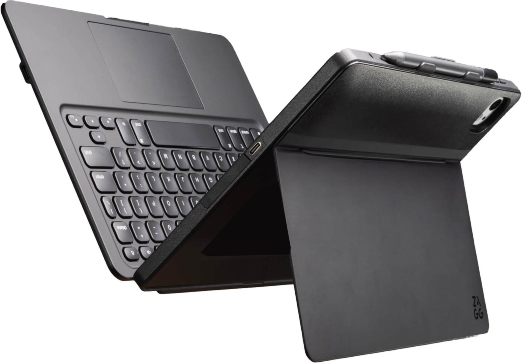The ZAGG Pro Keys keyboard & case connects to iPad through USB-C and features laptop-style keys & trackpad, adjustable stand and a holder for the Apple Pencil.
