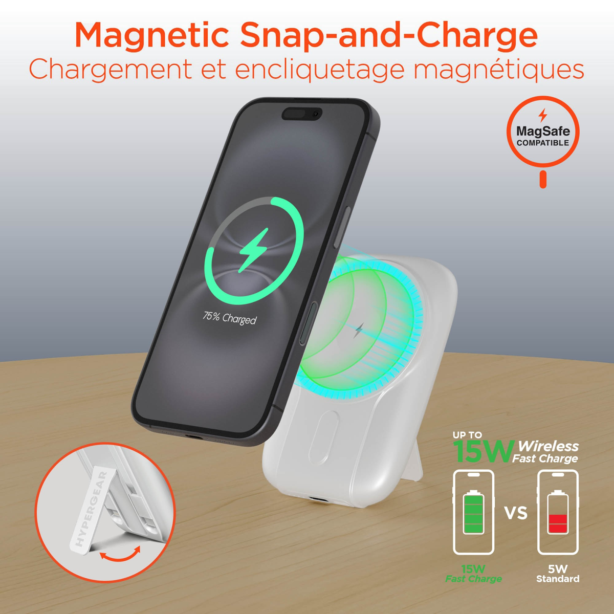 Hypergear Banque d’alimentation portative sans fil 5000mAh Mag Grip Go avec câble intégré - White