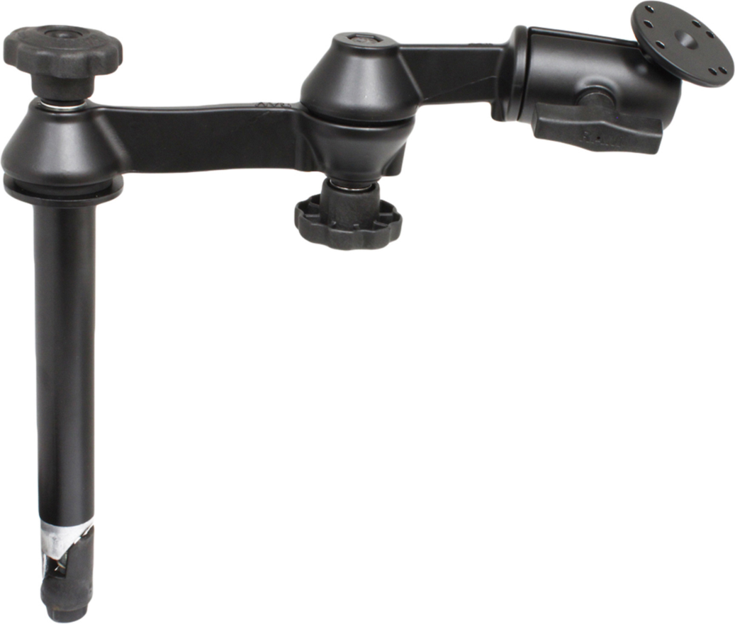 The RAM® 8" Upper Pole with Double Swing Arms & Round Plate helps users find the perfect position for Ram Mount tablet, Laptop or phone holder in any RAM® Vehicle Base that has a welded female Tele-Pole™ receiver.