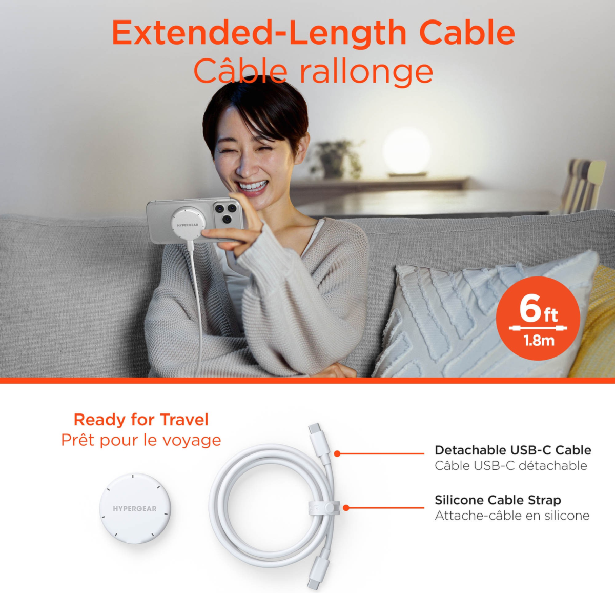 Hypergear 15W Qi2 MaxCharge MagSafe Wireless Magnetic Charger w/ Connected USB-C PD Cable clear