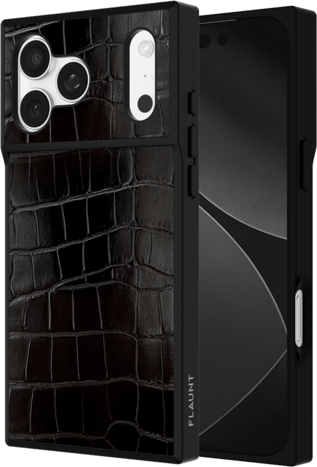 The FLAUNT SQUARE® Faux Leather case offers sleek, chic protection with a patent-pending square design and cushioned corners for enhanced shock absorption, featuring 12ft drop test protection.
